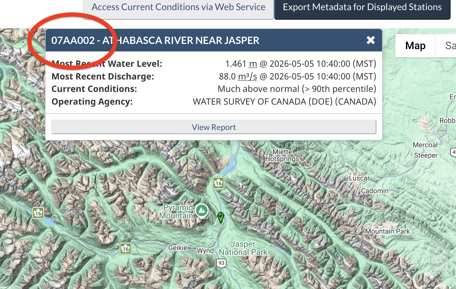 Water Office map popup showing station number 07AA002 for Athabasca River near Jasper
